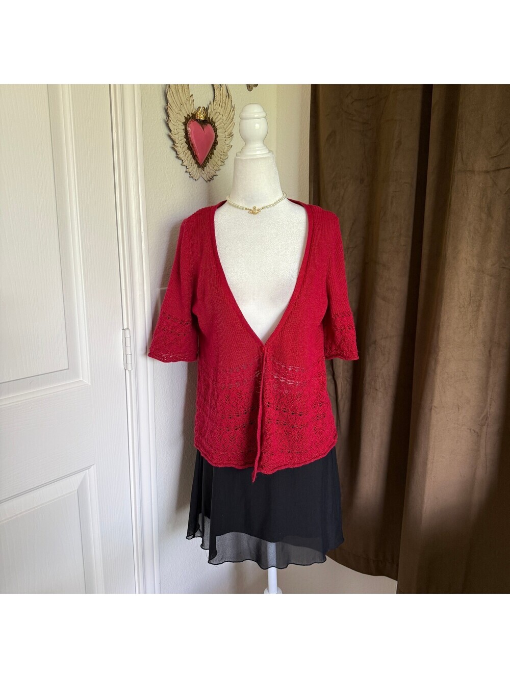 Lane Bryant Red Crochet Knit Tie Front Cardigan Boho Coquette Plus Size 18/20